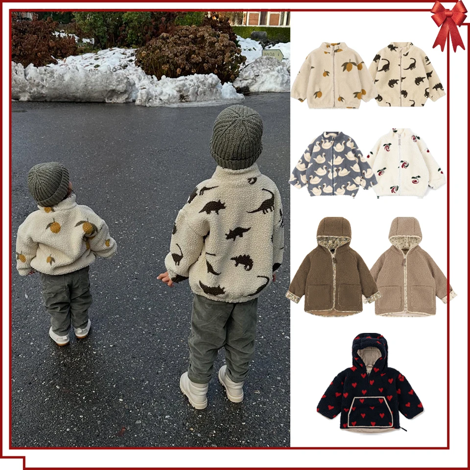 2024 Winter KS Children Cotton Lamb Wool Warm Outerwear Clothes Girls Print Coats Baby Boys Plus Fleece Jackets Kids Clothing