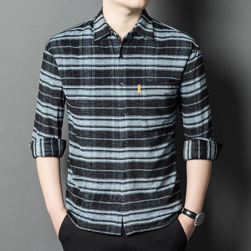 

Spring 2024 Men's Hong Kong Style Loose Casual Shirt 300G Chenille Yarn-Dyed Grid Striped Top