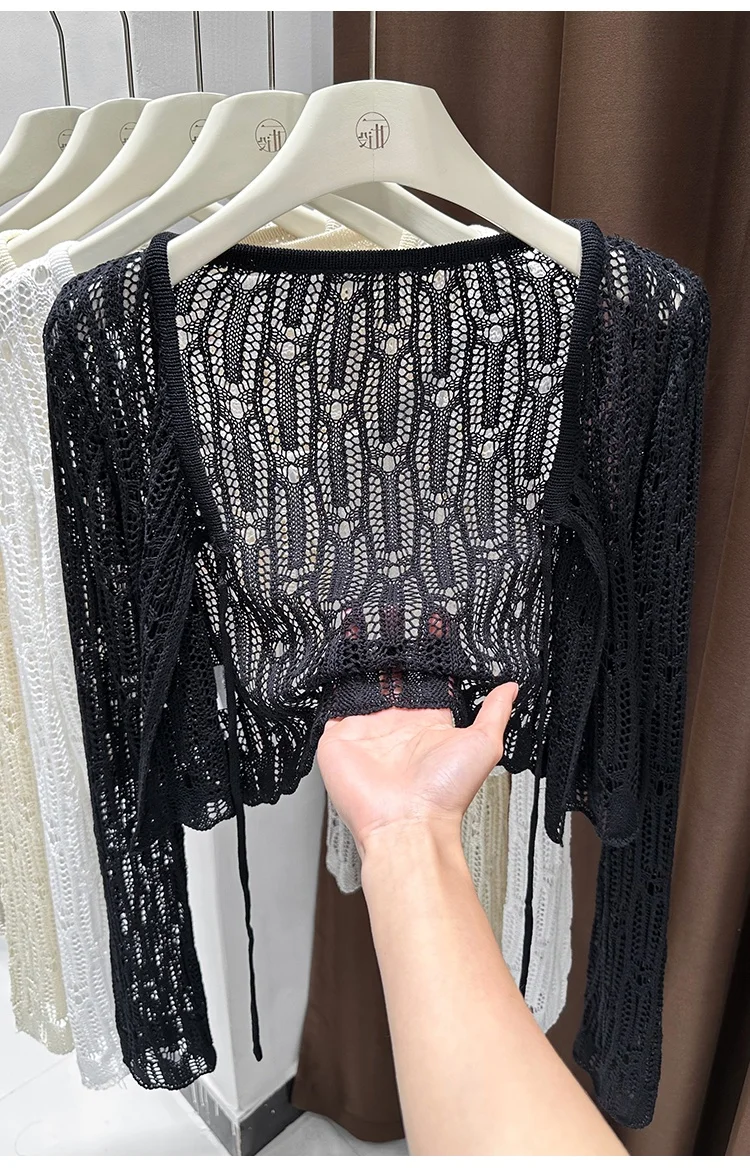 سترة صوفية شفافة باللون الرمادي - غطاء مجوف برباط مع حزام، فستان شاطئ خفيف الوزن، شال بوهو مكتب متجدد الهواء