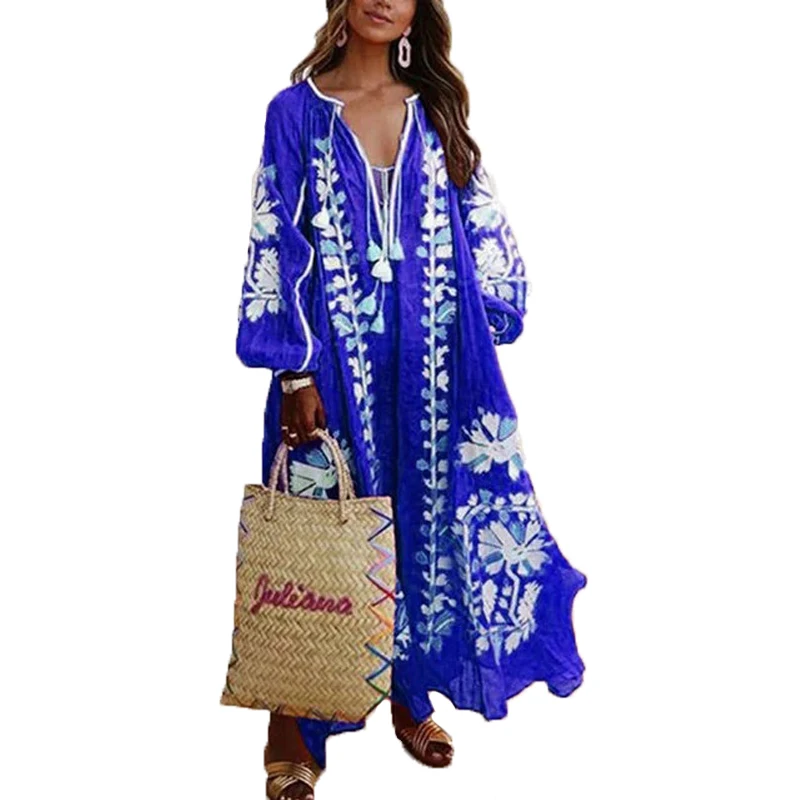 Woman Maxi Dress Boho Print Lace Up Long Sleeve Dress V-neck loose Fashion Bohemian Beach Vintage Ruffle Hem 2022 Print Dresses