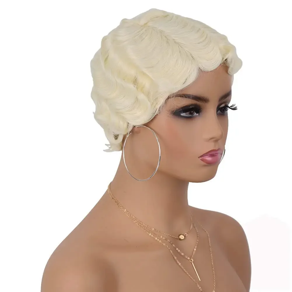 Synthetische Finger Wave Perücke leimlos tragen und gehen Perücke kurze lockige Perücken für Frauen Nuna Perücke Cosplay Halloween Party täglichen Gebrauch