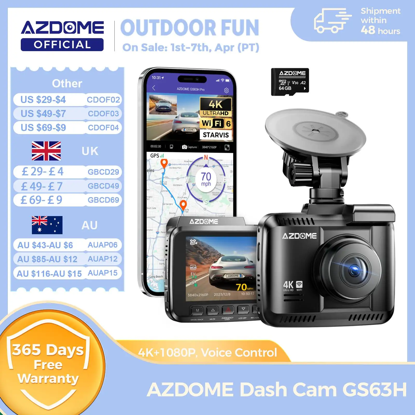 AZDOME Dash Cam GS63H 4K GPS intégré Wi-Fi Dash caméra de voiture avec Starvis 2.4 "écran WDR Vision nocturne voiture DVR moniteur de stationnement
