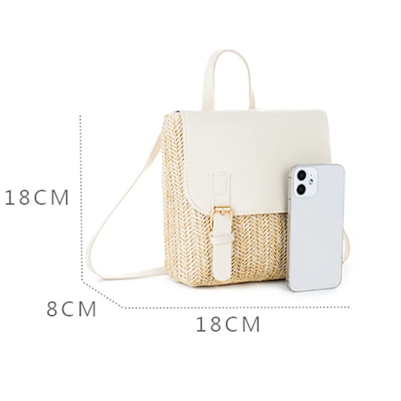 Vintage Straw Backpack Women\'s Fashion Shoulder Bag Versatile Straw Woven PU Leather Elegant Luxury Designer Small Backpack 2023