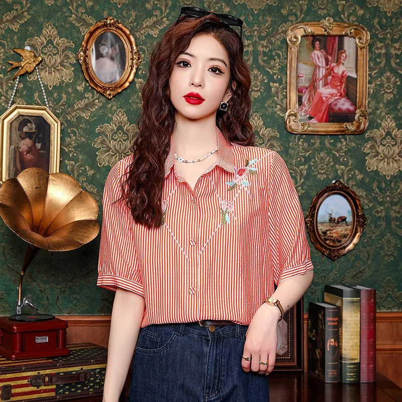 Chiffon Casual Women Blouses Summer Polo-neck Loose Embroidery Clothing Sales Short Sleeve Korean Tops Striped Women's Shirts