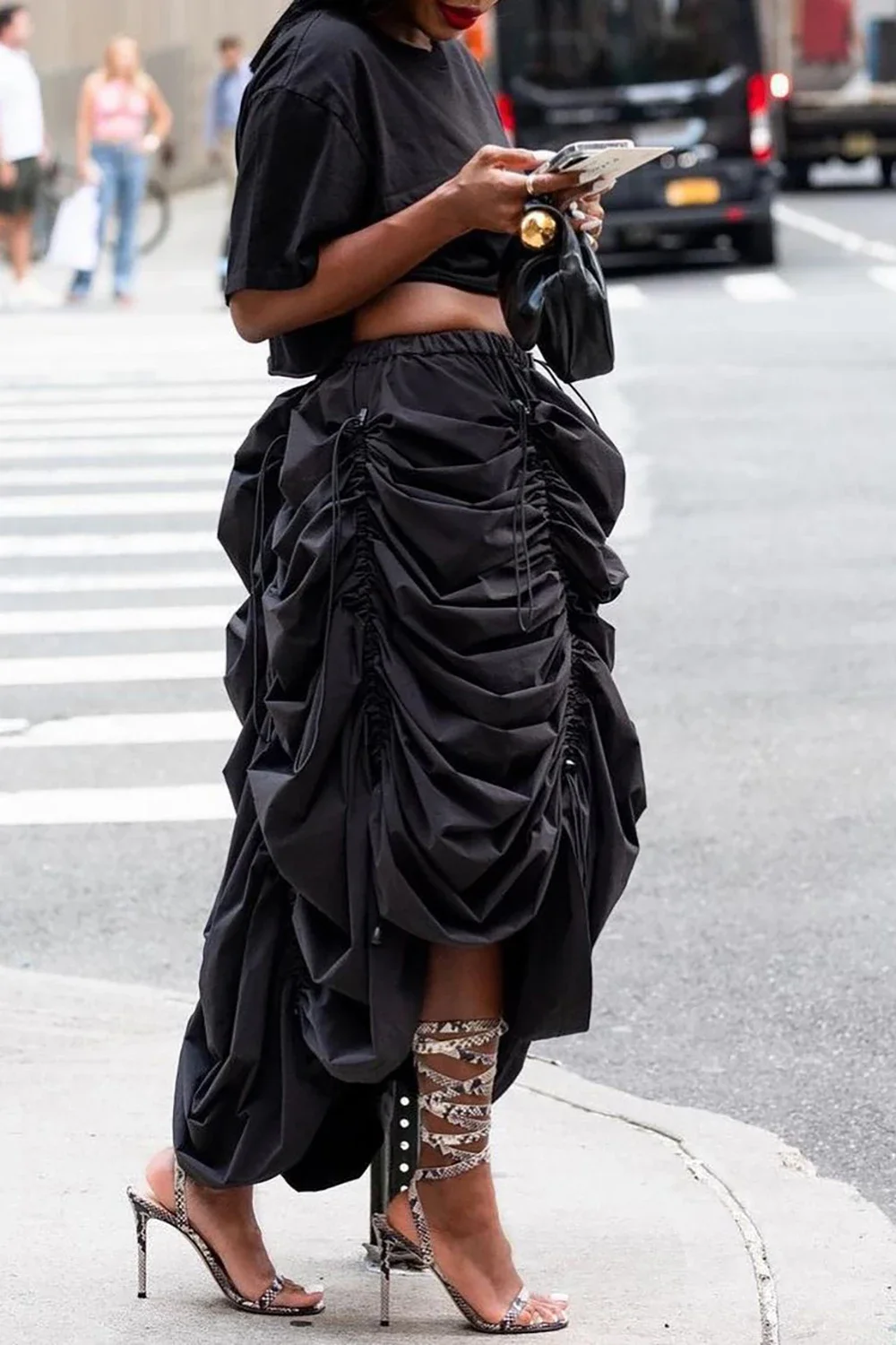 

Plus Size Casual Skirt for Women Black Fold Ruched Vintage Drawstring High Waist Irregular Skirt Vintage Fashion Summer Skirts