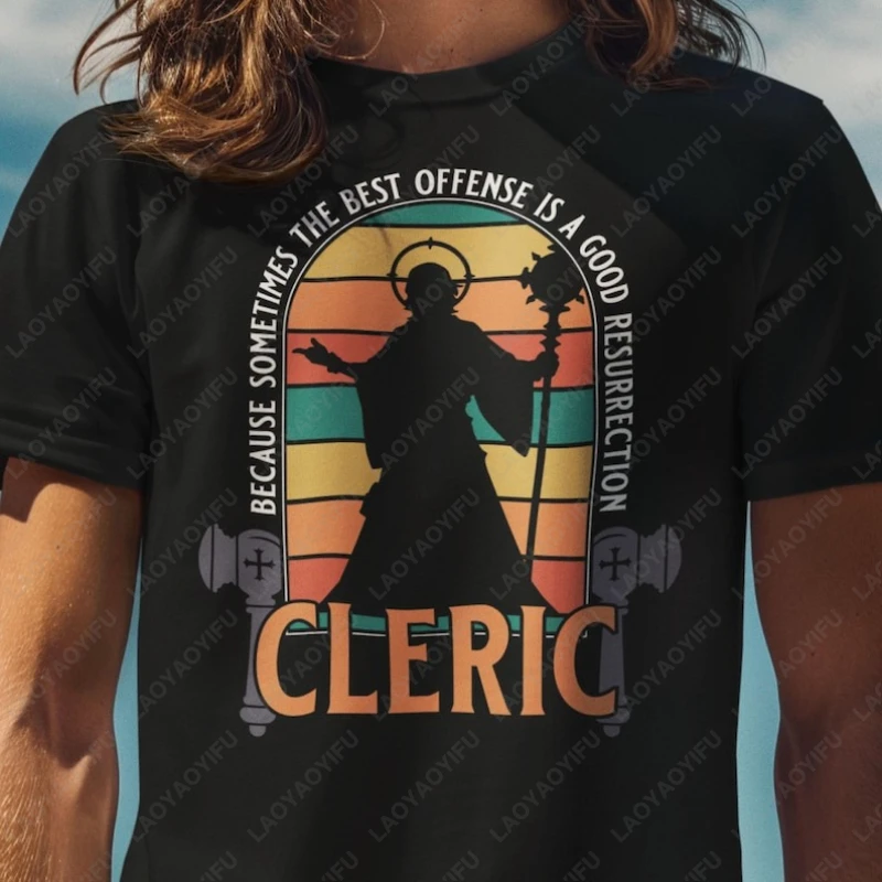 Funny D&D Cleric Themed Vintage Print Short Sleeved Specially Designed for Fans of Games Tshirt Men Women Cotton Nostalgia Tops