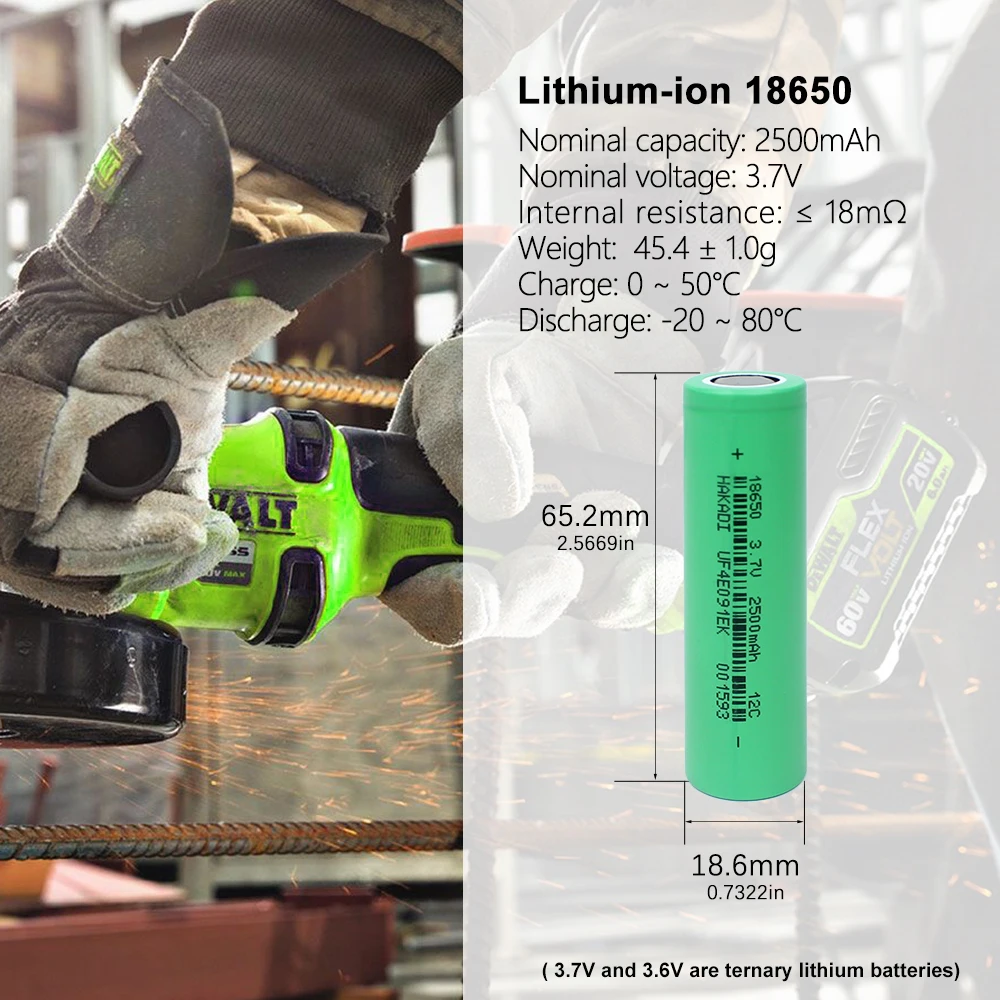 HAKADI-baterías recargables de iones de litio, 3,7 V, 2500mah, 12C, descarga de alta tasa, para electrodomésticos, herramienta eléctrica DIY