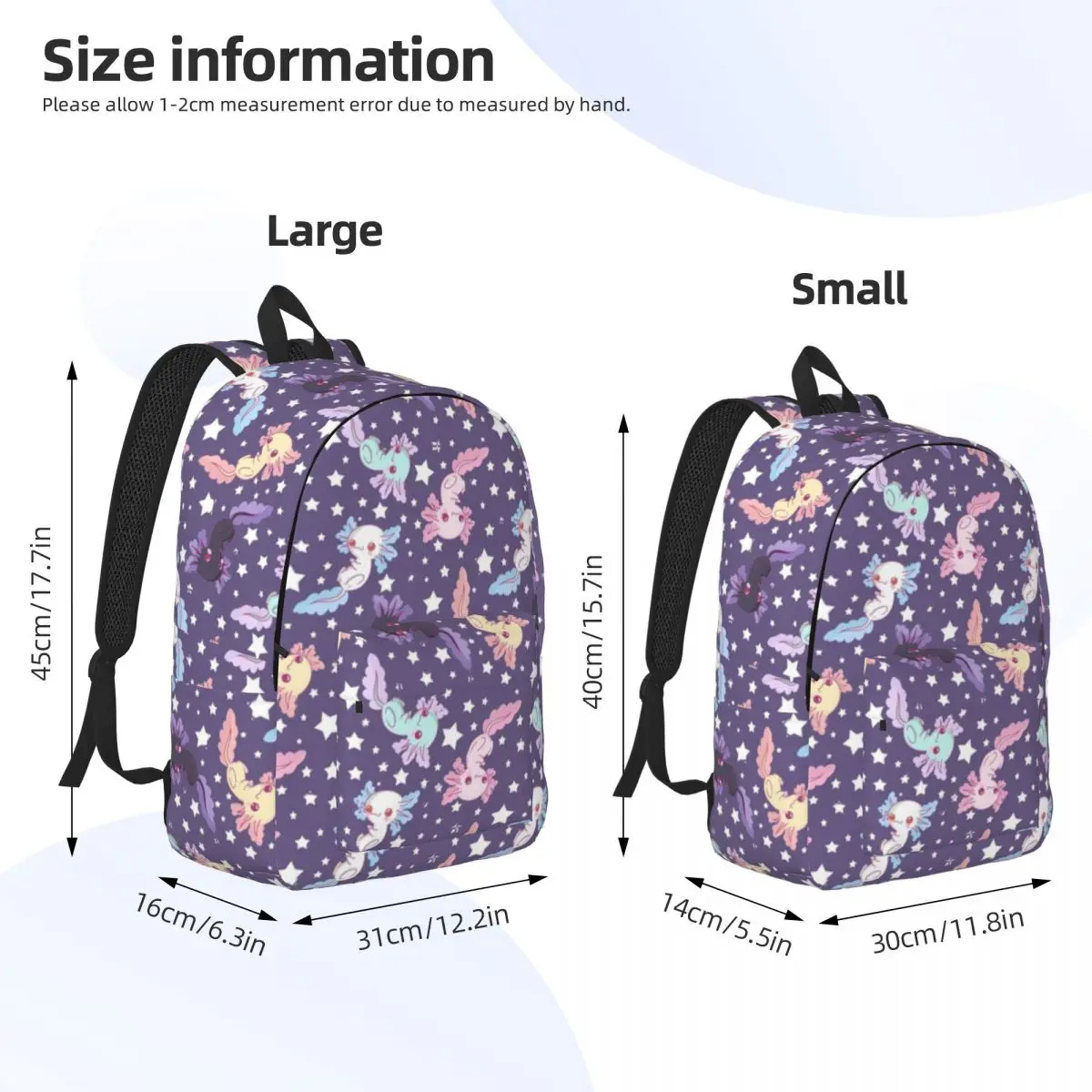 Kawaii Axolotl Backpack Lilac Unisex Polyester Travel Backpacks Print Streetwear High School Bags Rucksack Christmas Gift