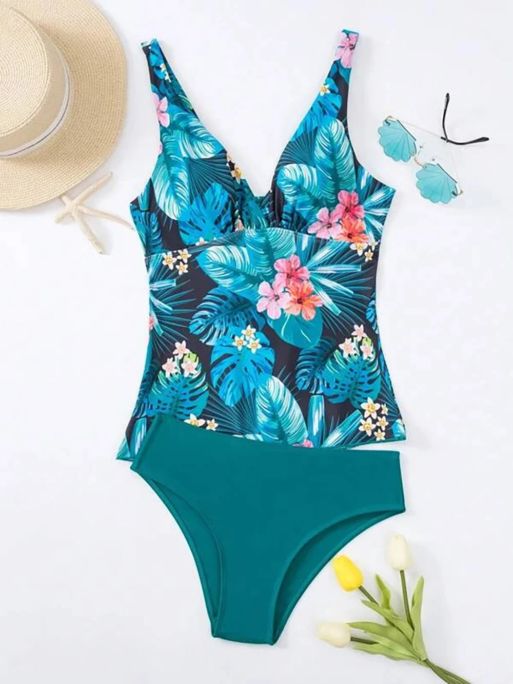 Leaf Print Two-Piece Swimsuit Women Swimwear Plus Size Tankini Sets Female Beachwear Bathing Suit Women Swimming Suits