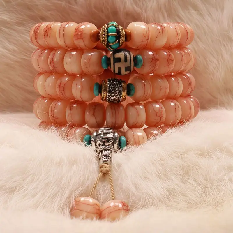 Pink Cracked Camel Tibetan Style Barrel Bead 9*12mm Cow Bone Oil High Density Bracelet