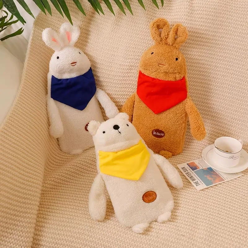 Cute PVC Hot Water Bottle with Removable Cartoon Rabbit Bear Plush Cover Winter Explosion-Proof Pain Relief Hand Warmer Gift