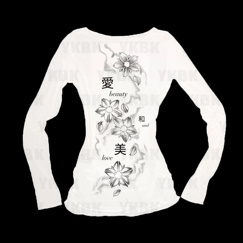 Y2k Druck Blume Liebe Streetwear Oansatz 90er Jahre Text Druck Frauen Emo Harajuku Einfache Vintage Slim fit langärmelige T-shirt lässig
