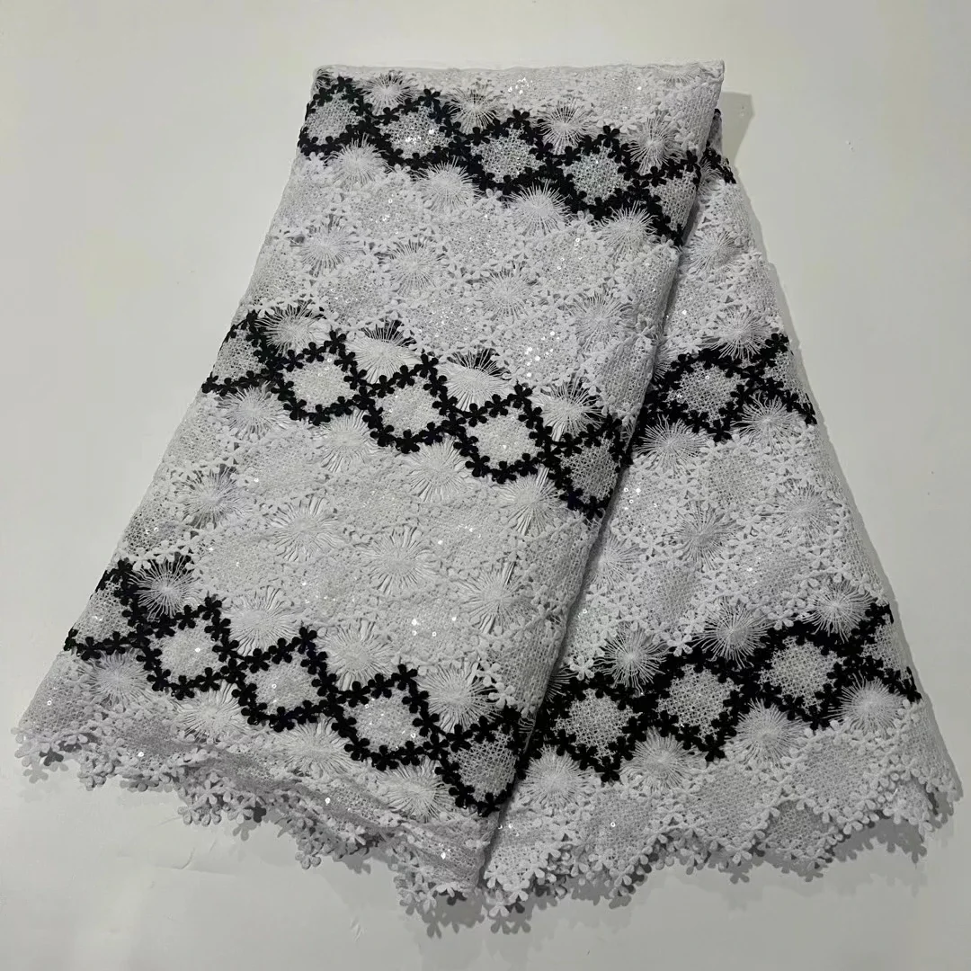 Imagem -04 - Tecido de Renda Cordão Guipura para Vestido de Festa Solúvel em Água Lantejoulas Branco Preto Africano Nigéria Alta Qualidade Pr24120 2024