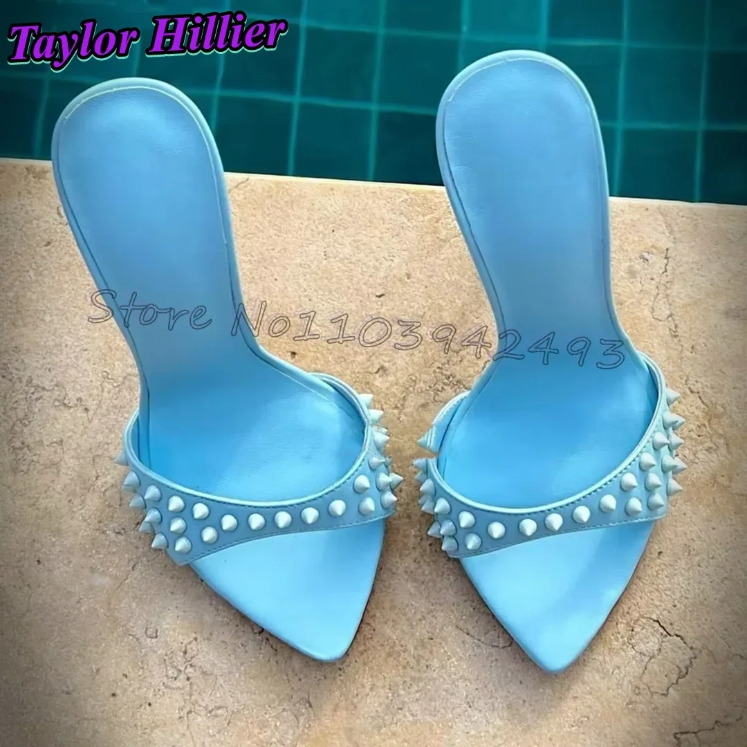 

Rivets One Strap Heeled Sandals Pointed Toe Women Luxury Designer Shoes Summer Slip On Pull On Sandalias Zapatos Solid Stiletto