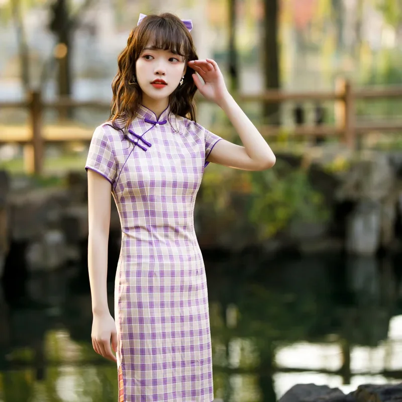 2021 College Spring Literary Plaid Girl Cheongsam Republic of China Style Long Stretch Cotton Slim Young Modern Cheongsam Dress