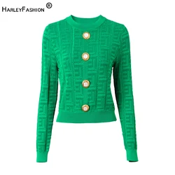 Early Fall Newest Design Customized Big Buttons Geometrical Pattern Hole Casual Green Knitting Thin Sweater Quality Tops