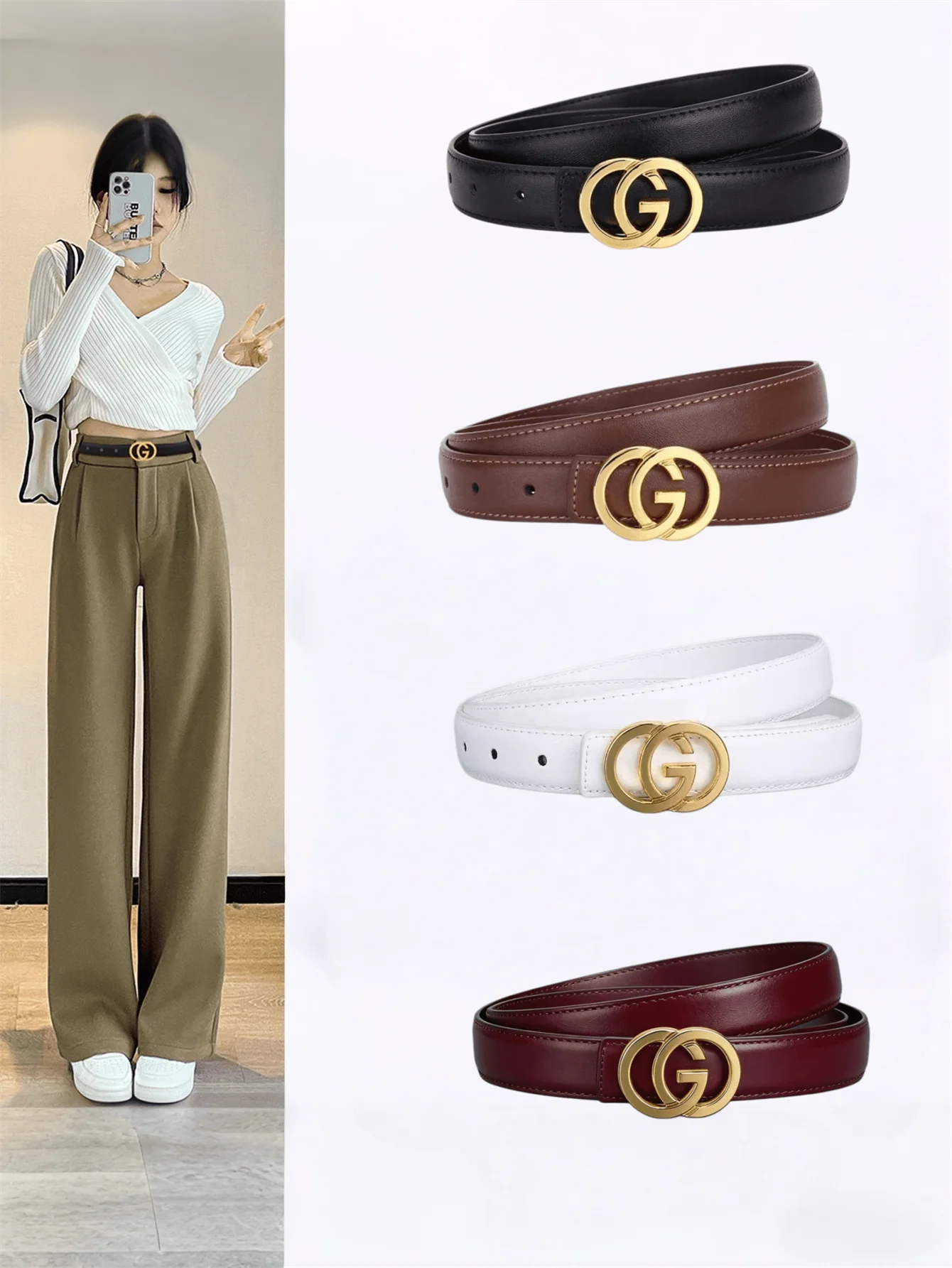 A premium women's business-style belt featuring pure color and a minimalist, casual design that pairs perfectly with jeans and d