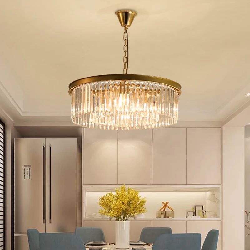 

Chain-hung lustrous transparent/amber/grey crystal attic living room chandelier, retro gold and black metal LED chandelier