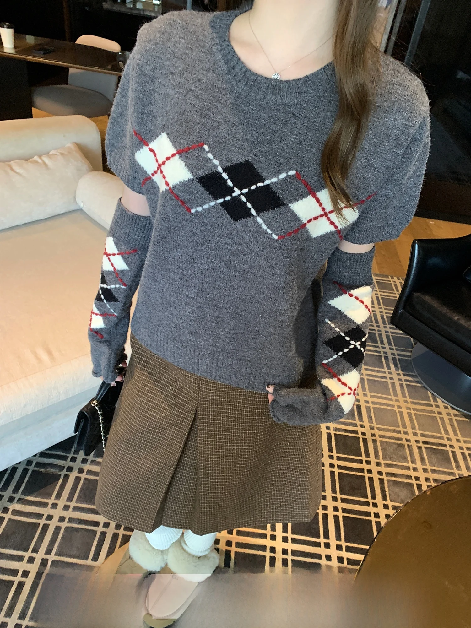 

Вязаный свитер в стиле бохо с объемными рукавами для женщин, весна-зима, с узором, короткий рукав, круглый вырез, уникальный, красивый