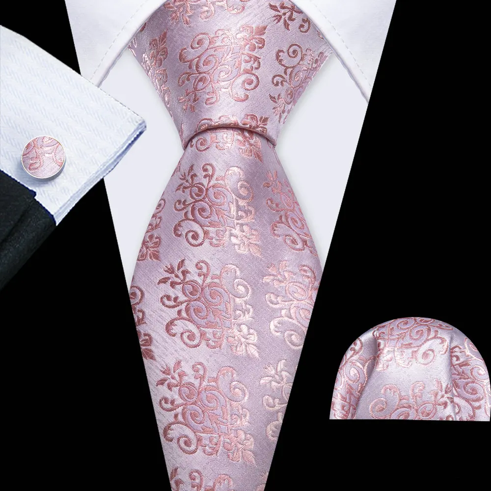 

Light Pink Mens Tie With Pocket Square Cufflink Set Exquisiet Floral Silk Suit Necktie For Male Formal Designer Party Barry.Wang