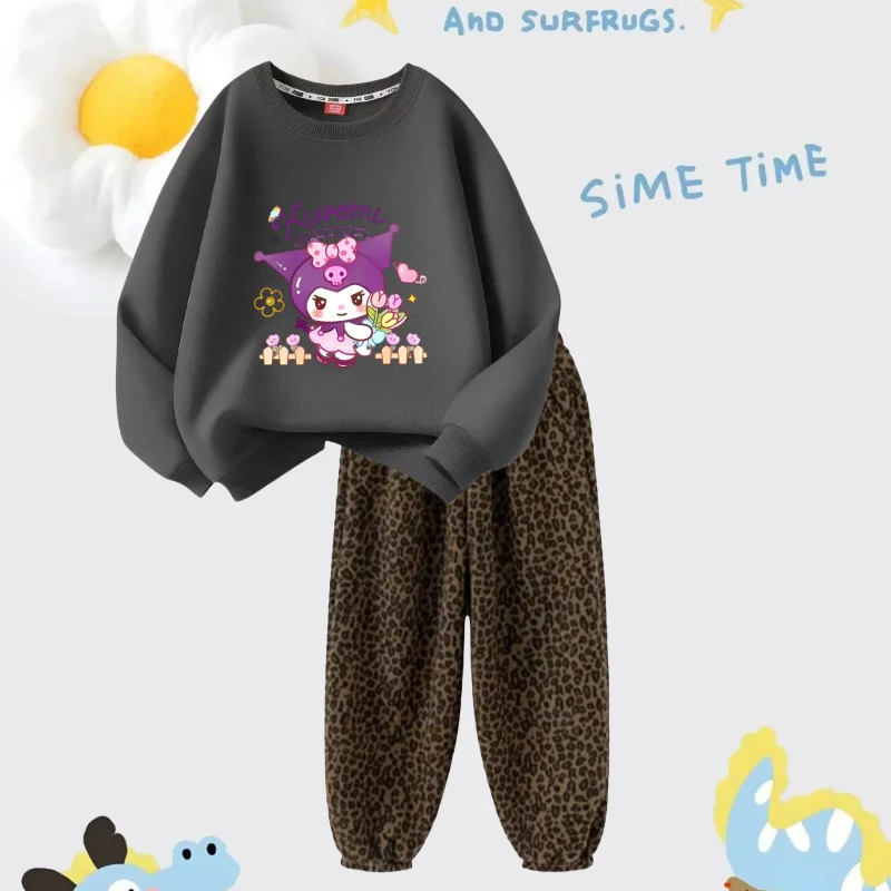 

Autumn Baby Girl Clothes Set Children Sanrio Kuromi Cartoon Print Top and Leopard Print Pants Two Pieces Suit Fashion Suit