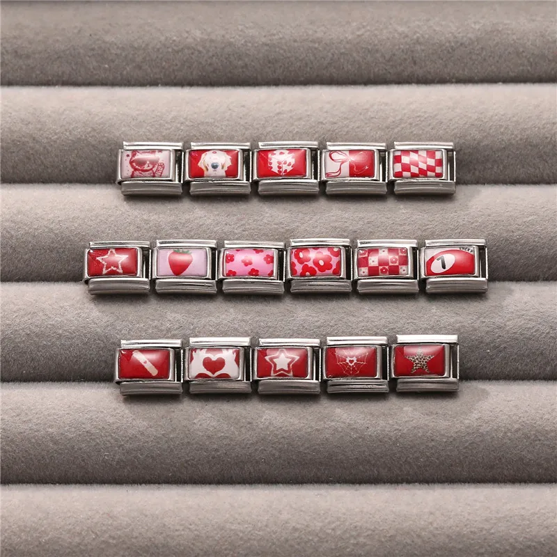 جديد أحمر وردي القلب الكلب القط الزهور الإيطالية سحر ربط صالح 9 مللي متر مجوهرات من صلب لا يصدأ DIY بها بنفسك صنع الأساور للهدايا #6