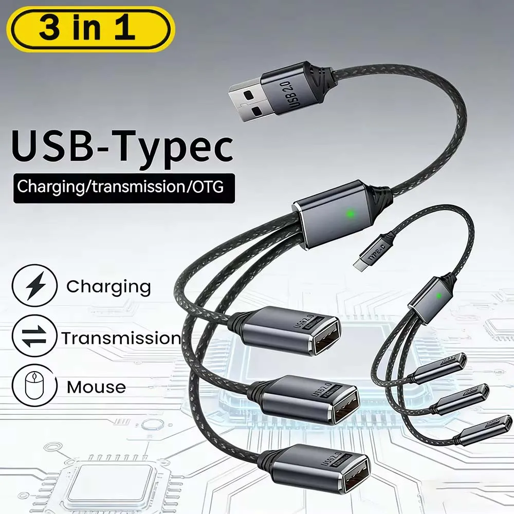 USB TypeC Splitter Cable 3 Ports USB-A Expansion Hub Car Charging Data Transfer OTG Support Type-C to USB Adapter for Flash Driv