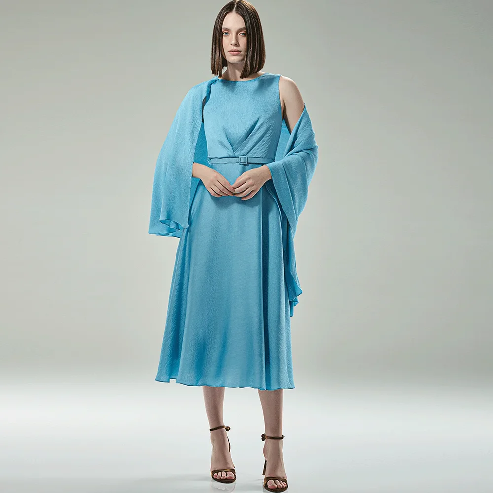 

Classic Blue Chiffon Evening Dress Temperament Shawl O-Neck Customized Special Occasion Gowns Delicate Sashes Prom Dresses