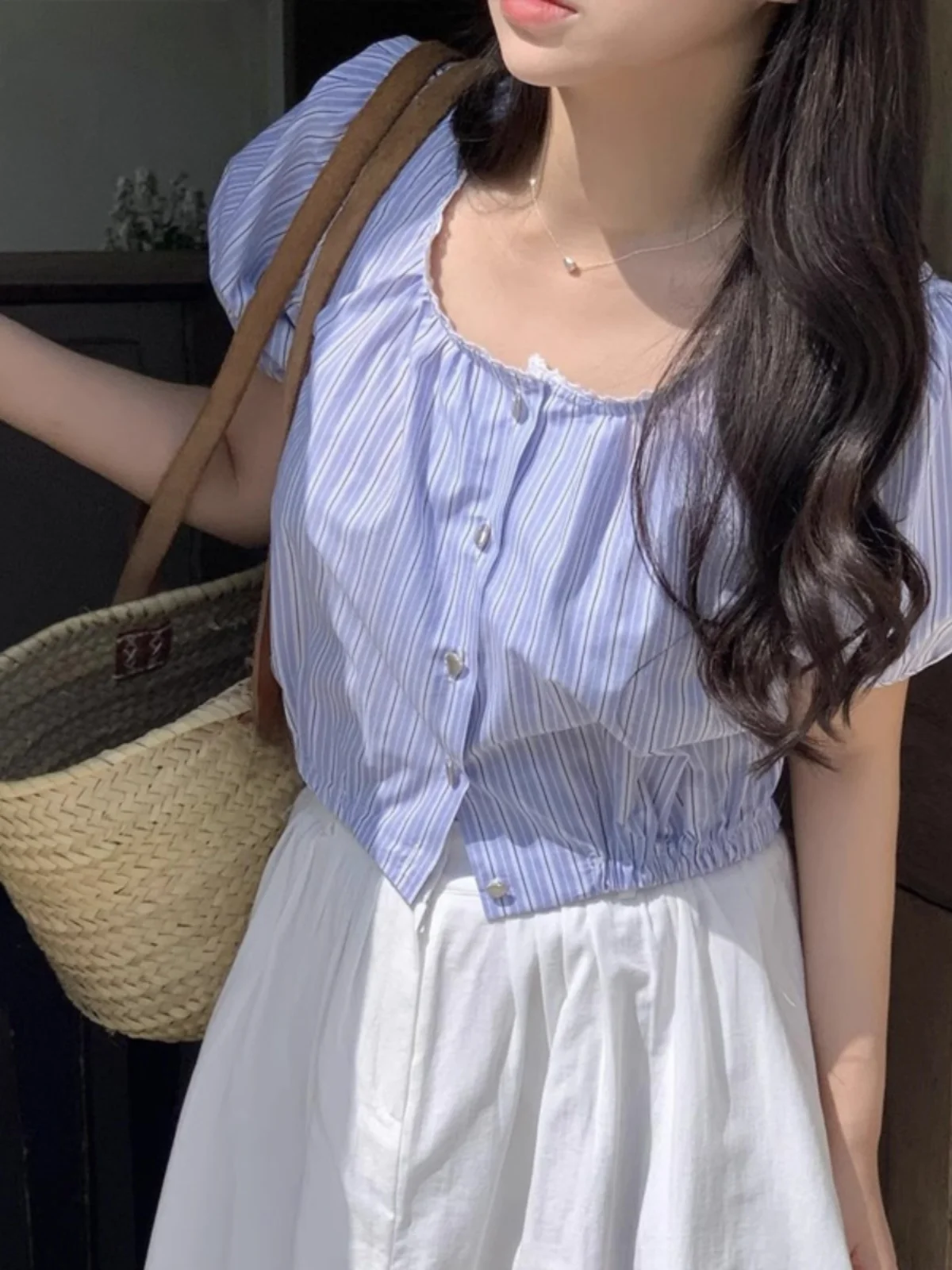 Retro Striped Fre Sle Women's irt Summer Loose Square Collar Patchwork ort Single Button Doll irt Korean Sle Commute