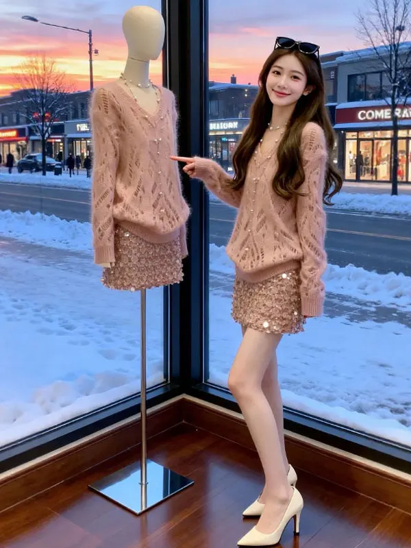 

Комплект из вязаного топа с V-образным вырезом и юбки для важных мероприятий: красивый, комфортный, теплый, модный, весенний, состоящий из двух предметов.