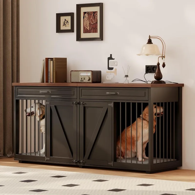 Dog Crate Furniture - Indoor Wooden Dog Kennel Furniture with 2 Drawers & Room Divider - 72