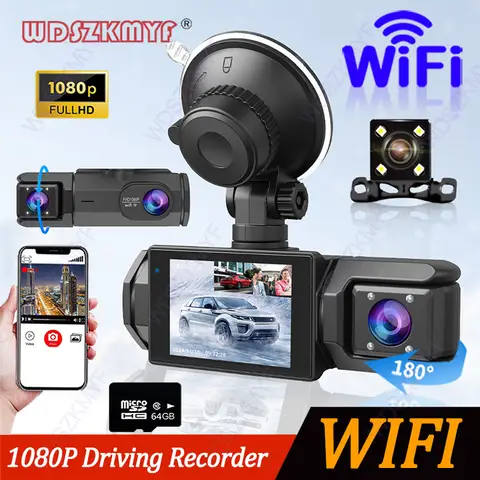 3 렌즈 WIFI 대시 캠 자동차 2cam 전면 내부 카메라 1080P 비디오 레코더 Dashcam 블랙 박스 자동차 DVR 옵션 후면보기 카메라 자동차 용품，블랙박스 차량용