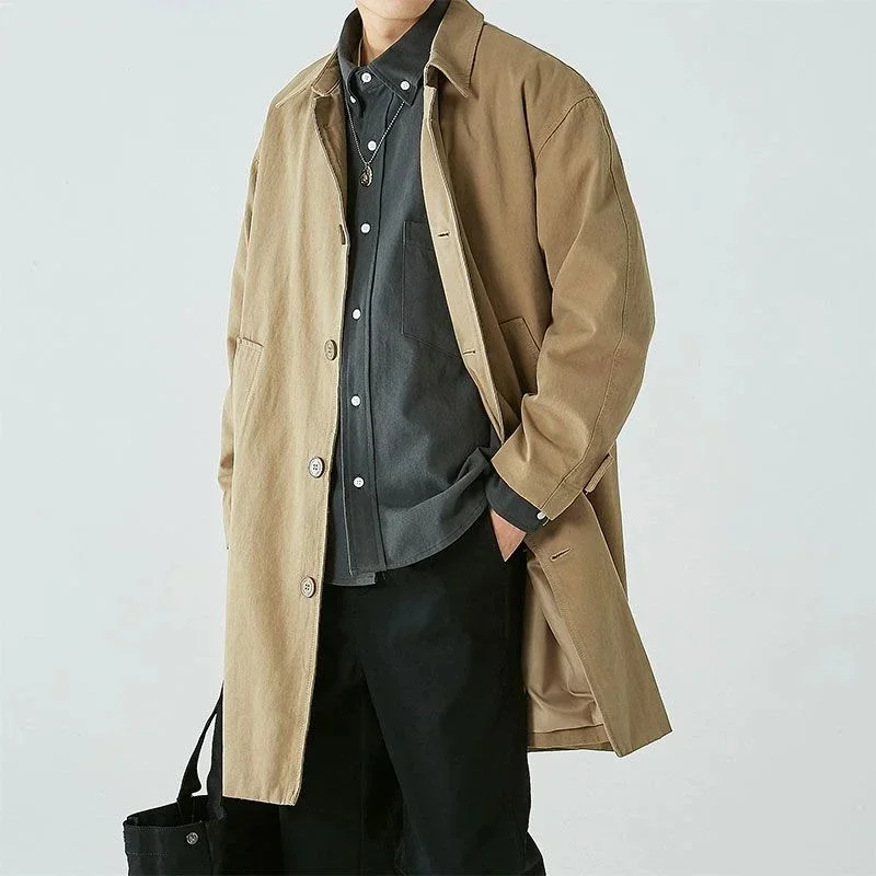 Japanese Simple Solid Mid-length Windbreaker Men's Loose Casual High Street Jackets Men Tops Overcoat Male Clothes