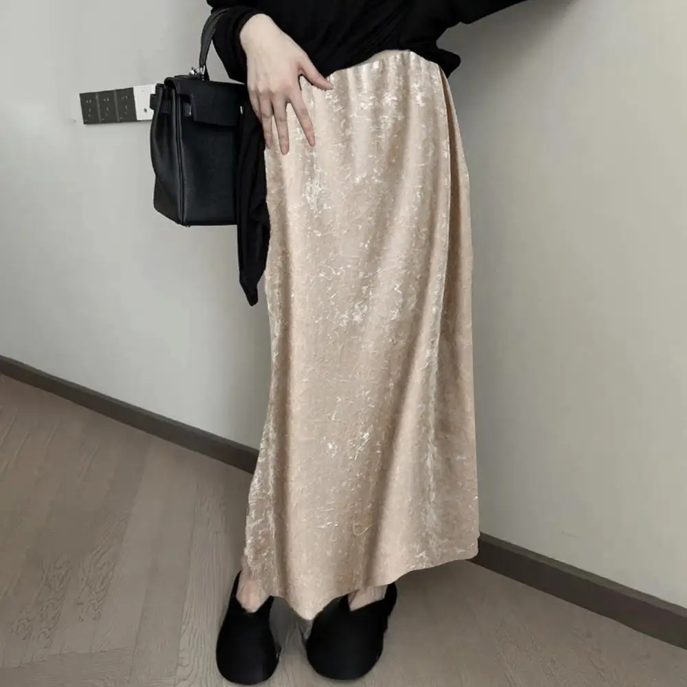 

Women Fishtail Skirt Elastic High Waist A-Line Skirts Mid-calf Length Skirt Solid Color Velvet Large Hem Skirt Daily Wear