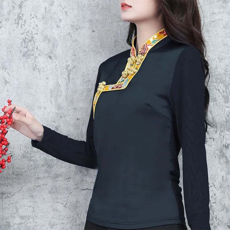 Traditional Chinese Ethnic Style Top Long Sleeve Spring Autumn Tibetan Clothes Women Blouse Shirt Tibet Clothing