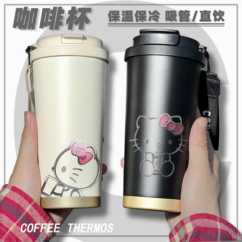 Hello Kitty Anime Kawaii MINISO Ins Fashion Double Drink Thermos Cup Cute Cartoon Portable Straw Coffee Cup Gifts for Girls