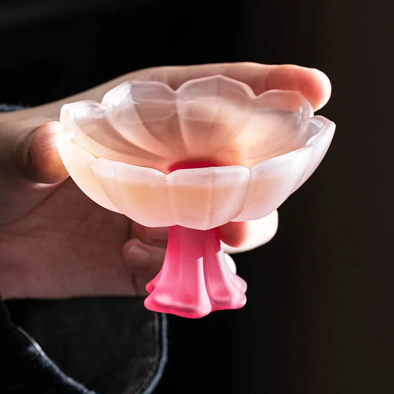 Glass Pink Color High Foot Tea Cup Fragrance Cup Rice Wine Beaker Light Luxury High Color Value