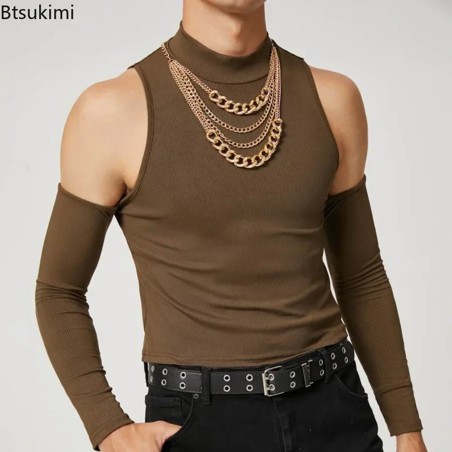 2024 Men\'s Fashion T Shirt Solid Turtleneck Long Sleeve Off Shoulder Casual Camisetas Hollow Out Streetwear Sexy Crop Tops Male