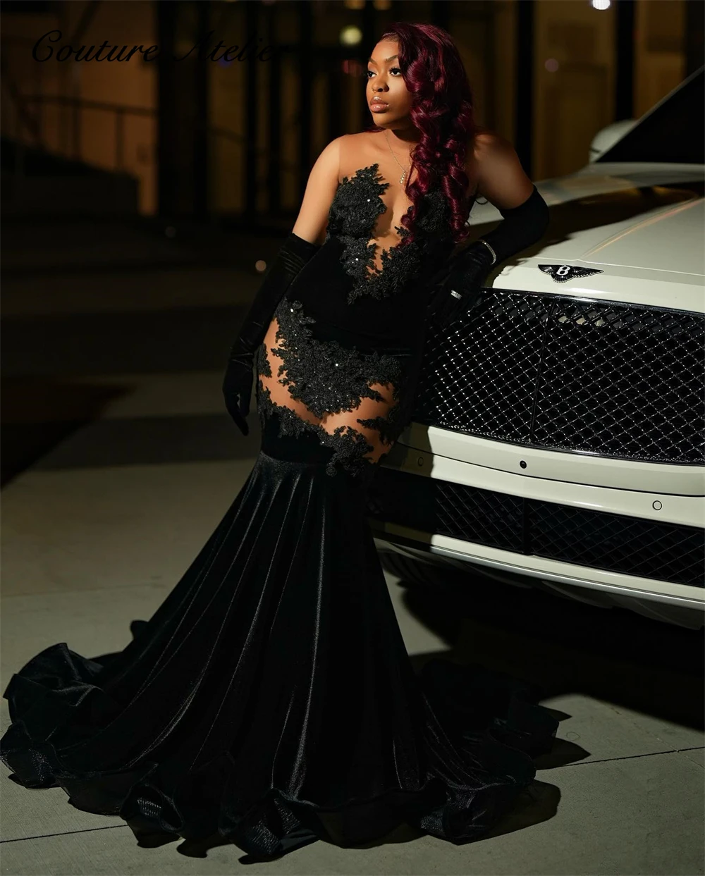 black velvet prom dresses Black Velvet Mermaid Black Velvet evening Gown with Slit and Pleated Zipper Back