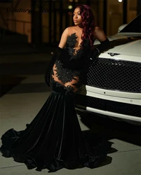 Black Velvet Beaded Lace Appliques Prom Dress With Gloves Mermaid Birthday Luxury Party Dress Elegant Luxury O Neck Customized