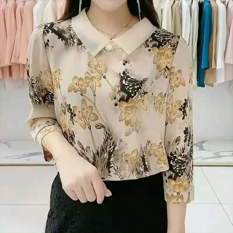 Casual Loose Floral Printed Chiffon Shirt Female Half Sleeve Chic Three-dimensional Decoration Stylish Peter Pan Collar Blouse