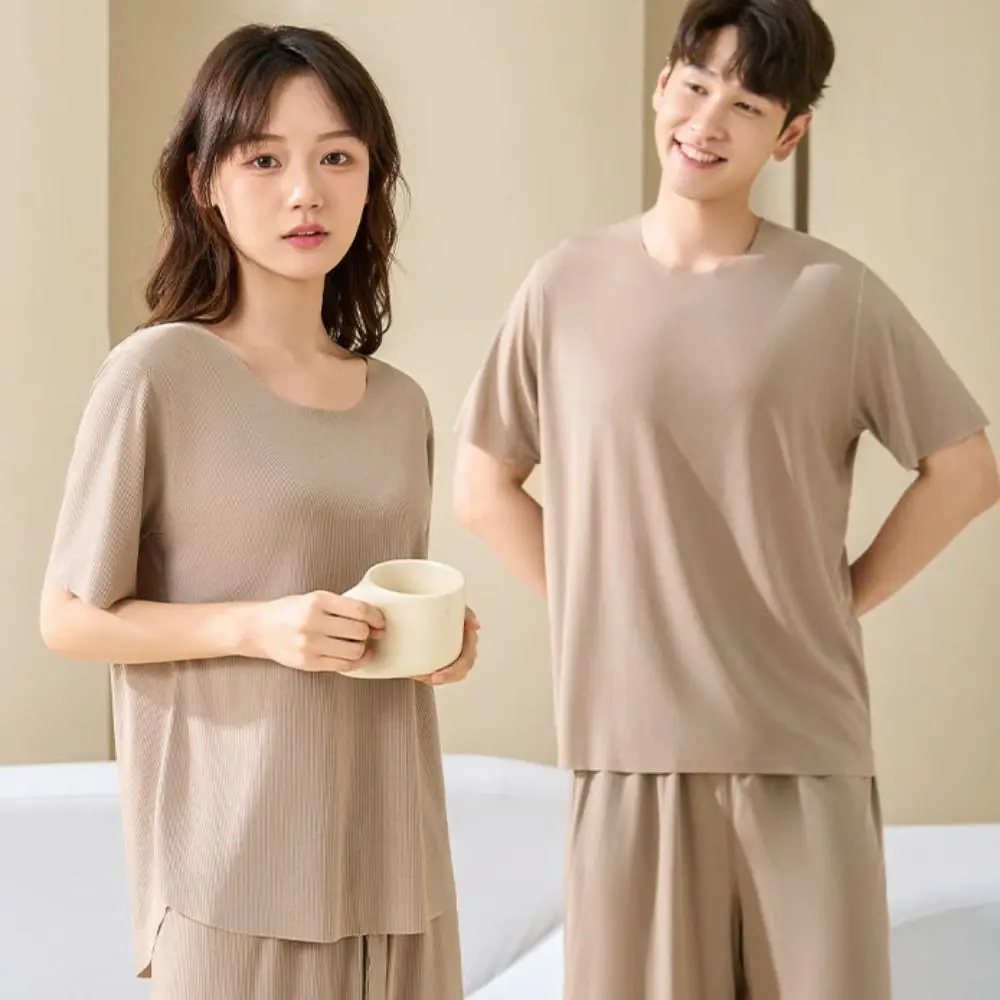 ملابس المنزل سلس قصيرة الأكمام ملابس خاصة دعوى فضفاضة بسيطة الرجال الصيف منامة ملابس المنزل الحرير الجليد 2 قطعة ملابس نوم مجموعة النساء