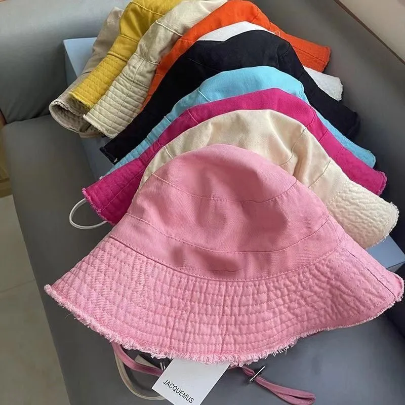One piece of women's solid-color frayed-edge sun-protective bucket hat, featuring a distinctive drawstring for UV protection