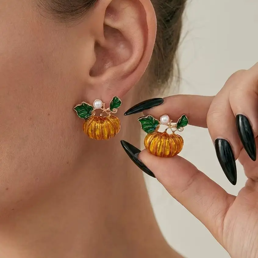 Creative Imitation Pearl Pumpkin Dangle Earrings for Women Halloween Enamel Witch Hat Pumpkin Earrings Party Festival Jewelry
