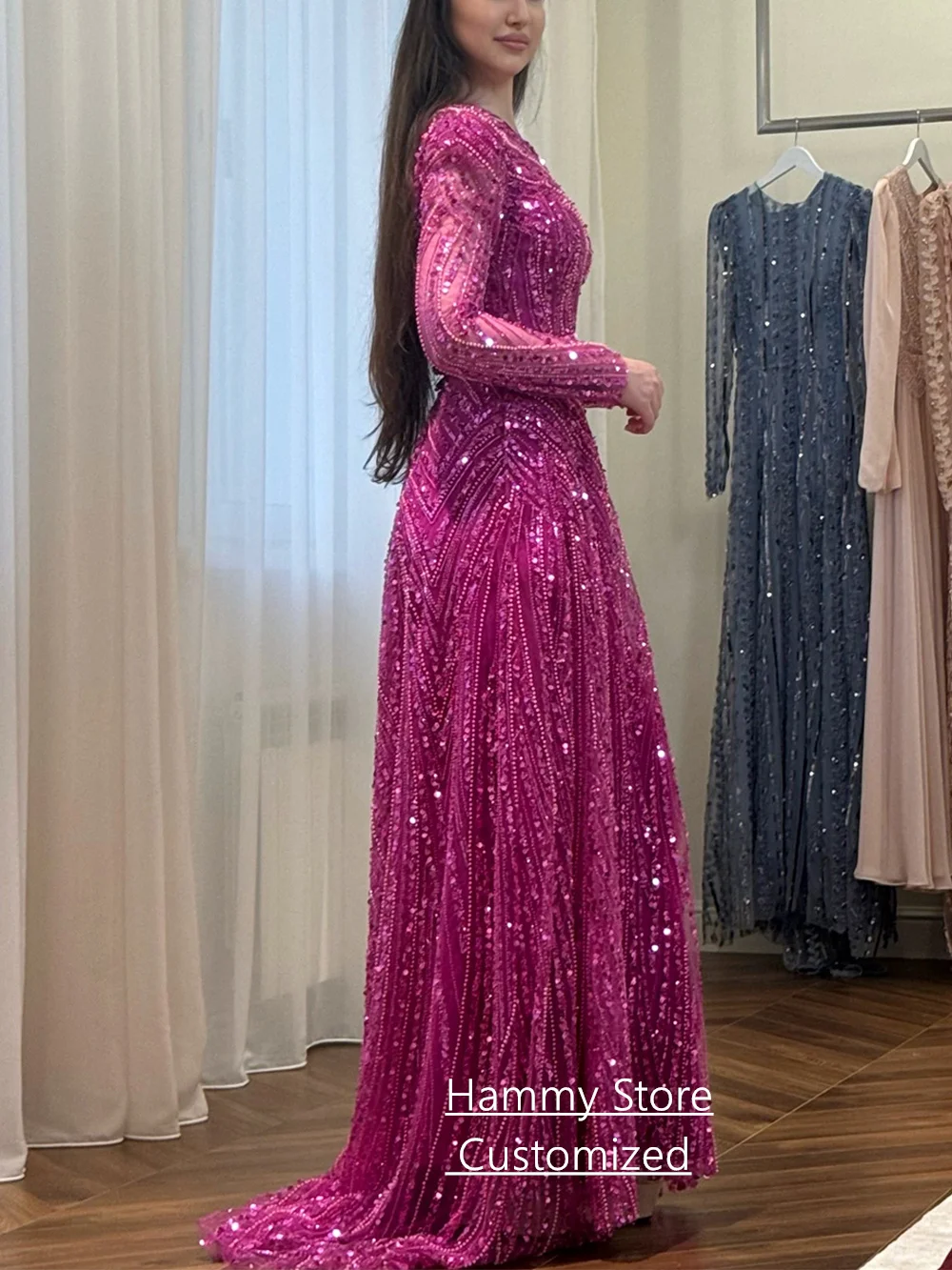 Sparkling Saudi Arabian Prom Dress Customized Round Neck Long Sleeves Beading Sequined Formal Occasion Dresses Evening Gown image 2