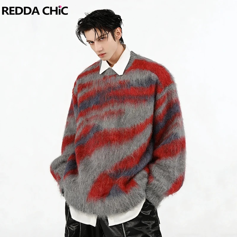 

REDDACHIC Contrast Mohair Sweater Men Plus Size Trendy Crew Neck Long Sleeves Furry Warm Pullover Top New In Winter Streetwear