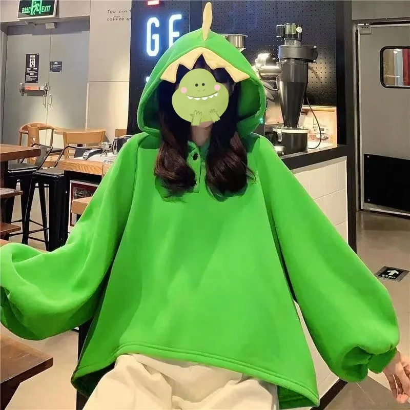 Autumn Women Cartoon Dinosaur Hoodies Harajuku Sweatshirts Cute Front Short Back Long Pullover Casual Loose Tracksuit Pajamas