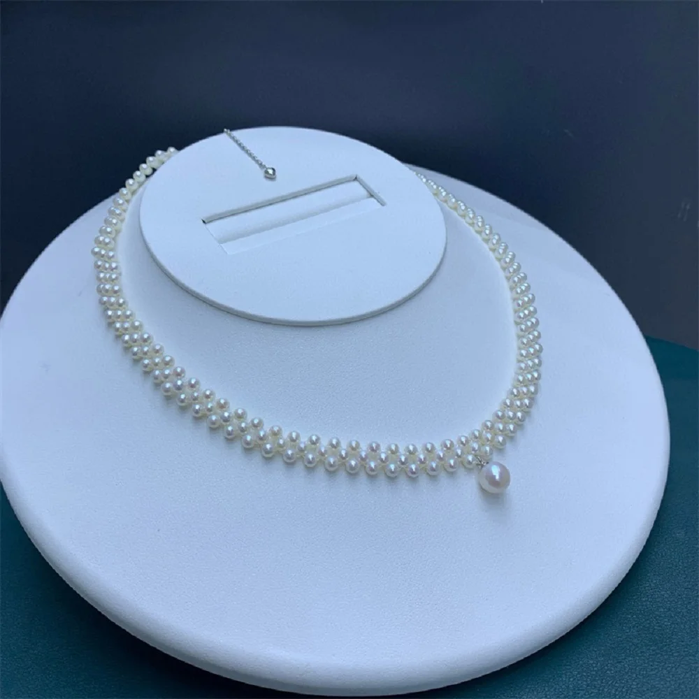 Fresh and Sweet/Handmade Knitted Necklace AAAA3-7mm Natural Pearl Necklace, Length 40+5cm