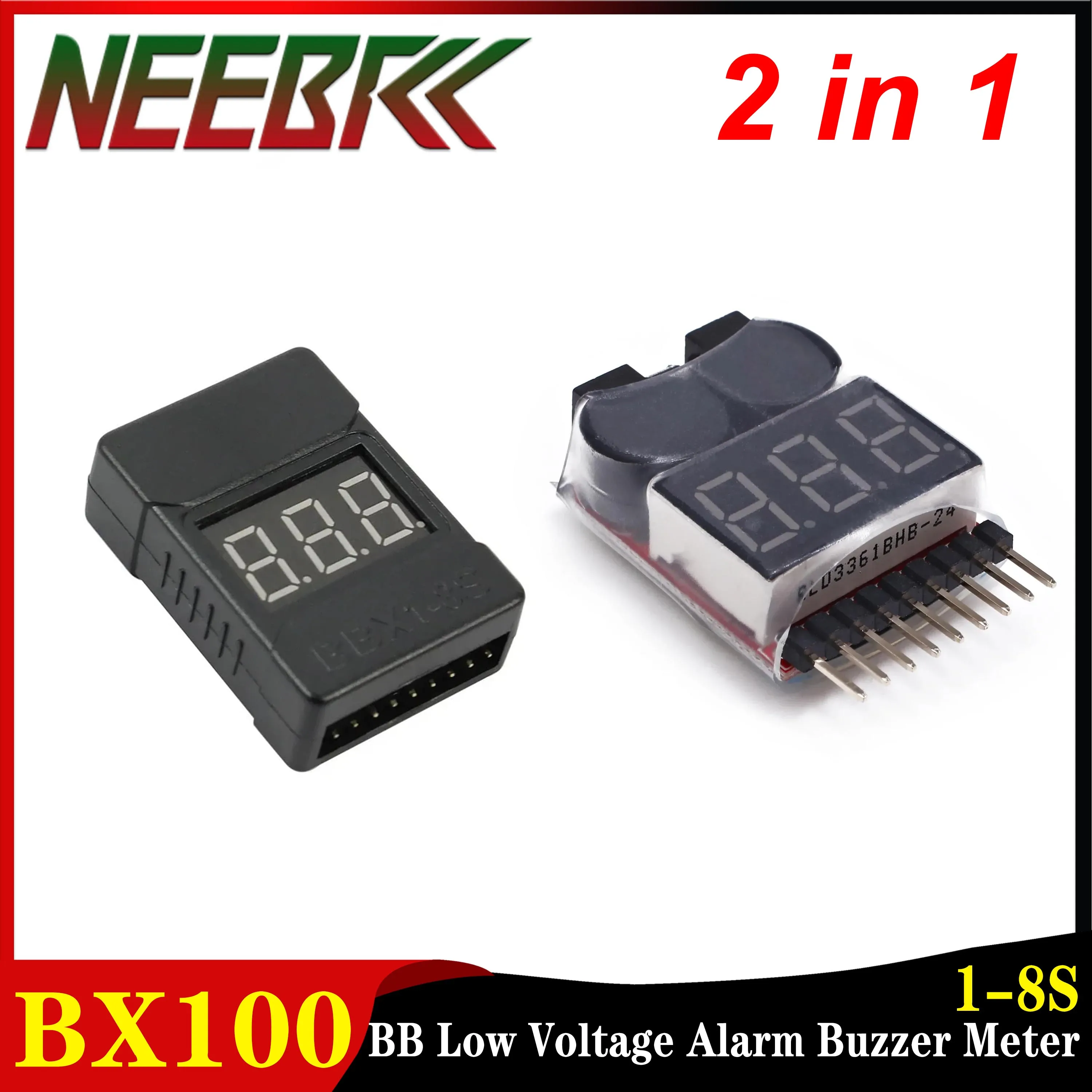 

NEEBRC BX100 1-8S BB Low Voltage Alarm Buzzer Meter Lipo Battery Indicator Tester 3.7V-22.2V for RC Car Drone Aircraft Parts