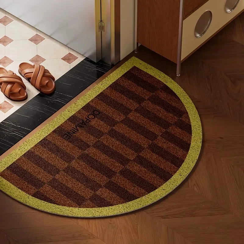 Retro Plaid Semicircle Doormat PVC Wire Loop Anti-slip Cuttable Washable Dirt Entrance Rug Entryway Floor Mat